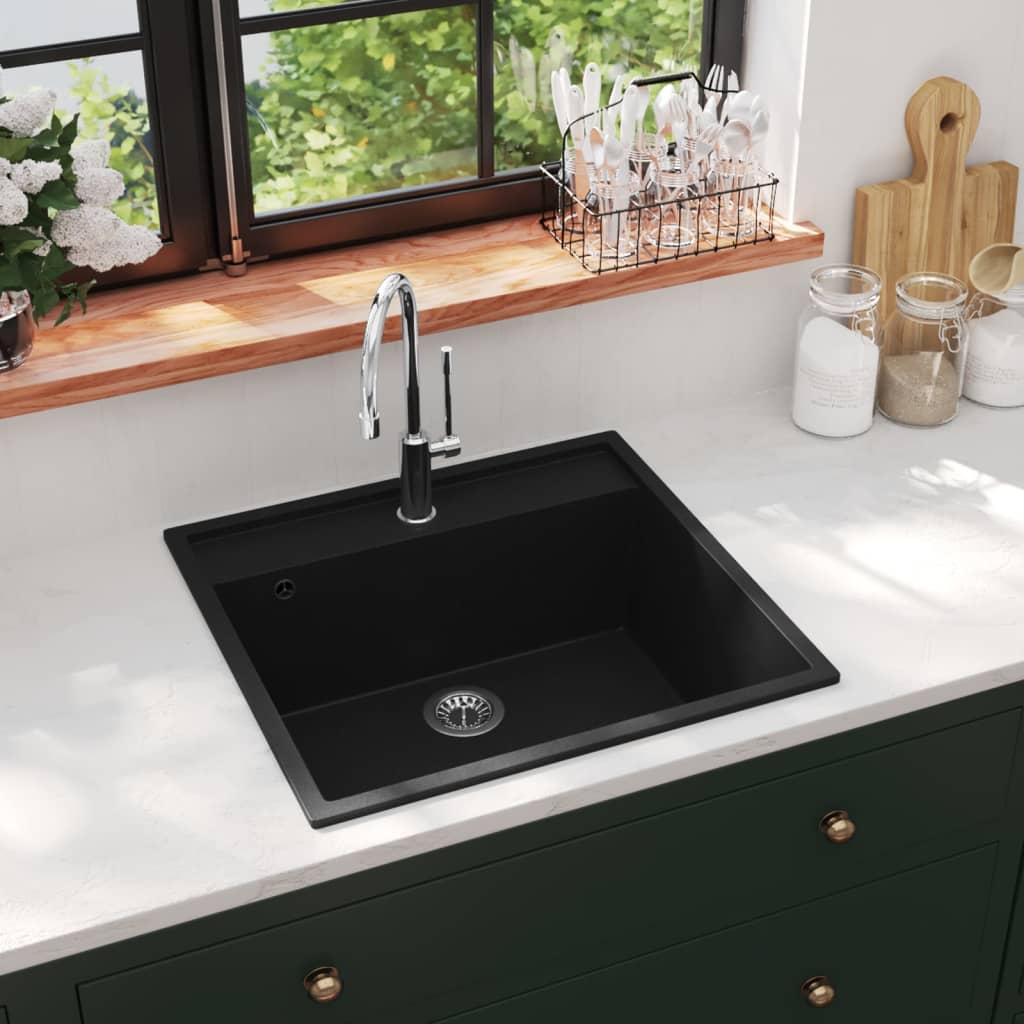 Lavello Da Cucina Con Foro Troppopieno Nero In Granito