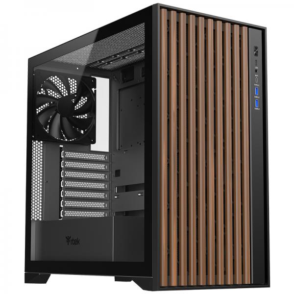 Itek Case Woody, Gaming Tower, Atx, 3x12cm Black Fan, 2xusb3, TypE-C,  Wood Front, Temp Glass Side P