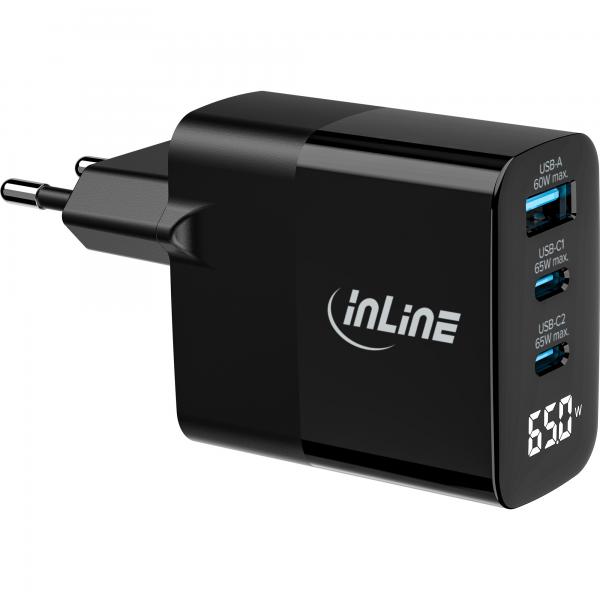 Inline Usb Pd Netzteil - Gan Ladegerät - 3-Port - UsB-C + UsB-A - 65w - Mit Display