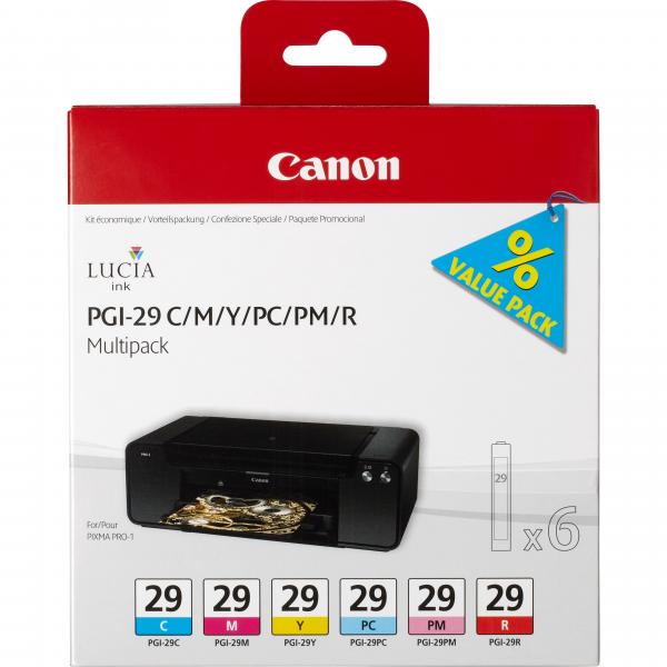 Confezione Multipla Canon PgI-29 Cmy/pc/pm/r: Giallo, Ciano, Magenta, Rosso, Ciano Fotografico, Magenta Fotografico