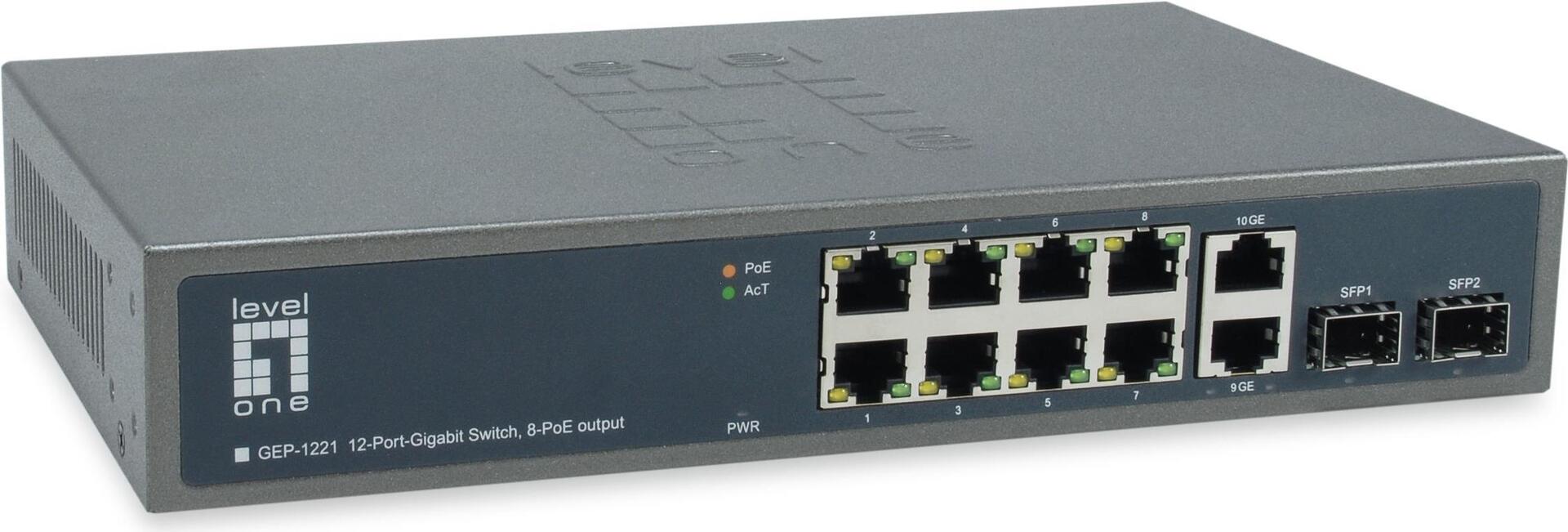 Levelone GeP-1221 - Switch - Unmanaged - 8 X 10/100/1000 (poe+) + 2 X Gigabit Sfp + 2 X 1000basE-T - An Rack Montierbar - Poe+ (150 w)