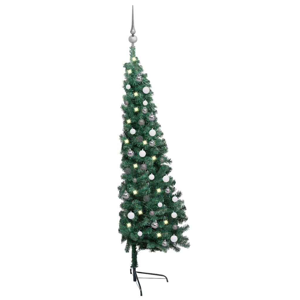 Albero Di Natale A Metà Preilluminato Con Palline Verde 180 cm
