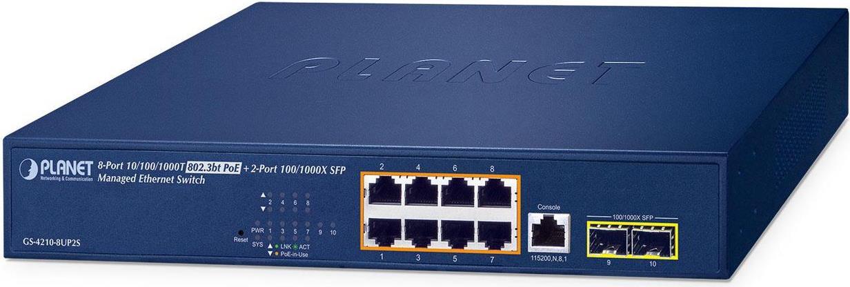 Planet Ipv6/ipv4 - 8-Port Managed L2/l4 Gigabit Ethernet (10/100/1000) Power Over Ethernet (poe) 1u Blau (gS-4210-8up2s)