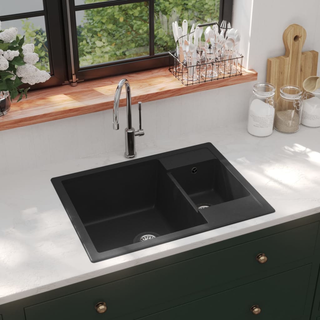 Lavello Da Cucina Doppio Con Foro Troppopieno Nero In Granito