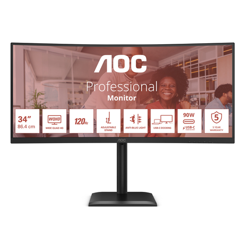 Aoc Monitor Curvo 34 Led Va Uwqhd 21:9 4ms 120hz 350 Cdm, Reg Altezza, UsB-C, Dp/hdmi, Multim