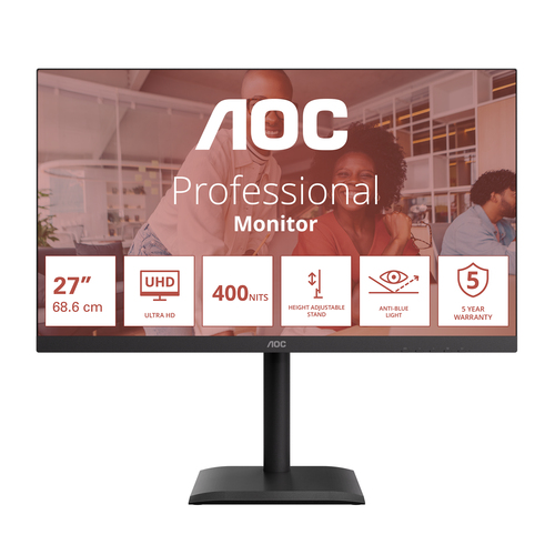 Aoc Monitor 27 Led Ips 4k Uhd 16:9 4ms 75hz 400 Cdm, Pivot, Dp/hdmi, UsB-C, Multimediale