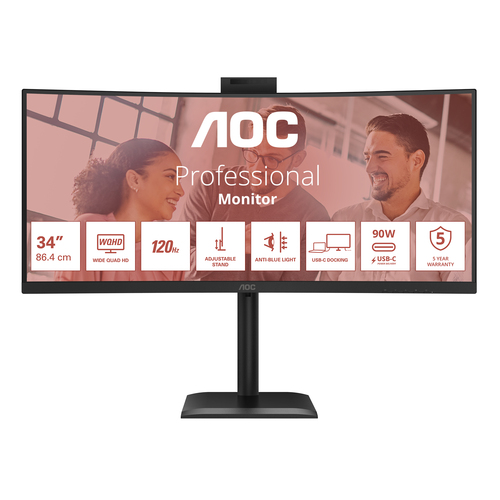 Aoc Monitor 34 Led Va 4k Uhd 21:9 4ms 120hz 350 Cdm, Reg Altezza, Dp/hdmi, UsB-C, Webcam, Multimedia