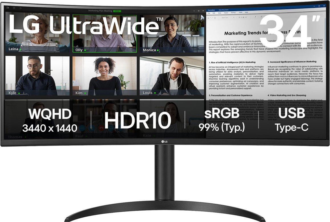 Lg 34" 34wr55qK-B Curved Ultrawide Qhd Hdmi Dp UsB-C Black (34wr55qK-b)