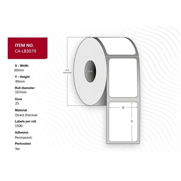 Capture CA-Lb3079 Etichetta Per Stampante Bianco (label 60x40, Core 25, - Diameter 125 Mm. Thermal - Print. Uncoated. Permanent. 1500 Labels Per Roll