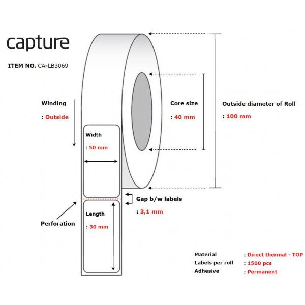 Capture CA-Lb3069 Etichetta Per Stampante Bianco (label 50x30, Core 40, - Diameter 100 Mm. Thermal - Print. Top Coated. Permanent. 1500 Labels Per ro