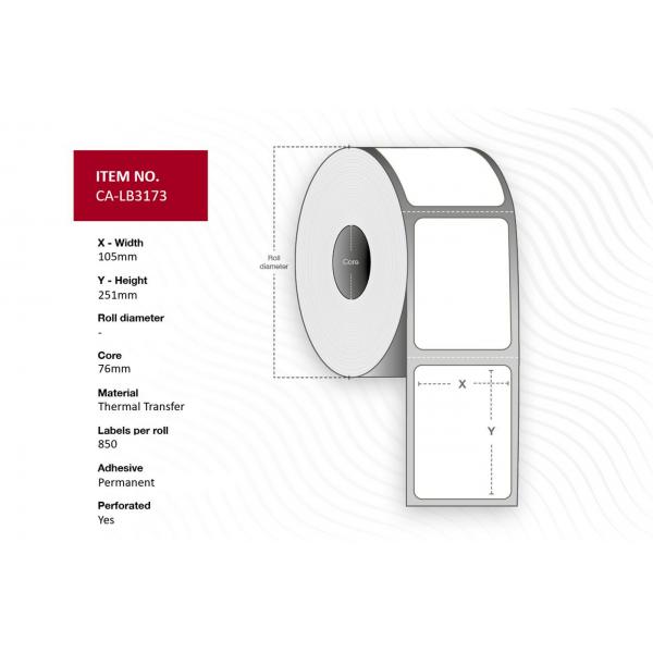 Capture CA-Lb3173 Etichetta Per Stampante (label 105 X 251mm, Core 76mm, - Thermal Transfer, - Polypropylene, Perforated, 850 Labels Per Roll, 4 Roll
