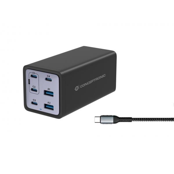 Caricabatterie Conceptronic Gan UsB-Pd 3.1 A 6 Porte 200 W Con Cavo Di Ricarica UsB-C, UsB-C X 4, UsB-A X 2, Qc 3.0, Pd 3.1, Interno, Ca, 55 V, Nero