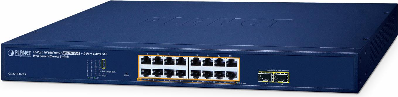 Planet 16-Port 10/100/1000t 802.3at Poe + 2-Port 1000x Sfp Web Smart Ethernet Switch (240w Poe Budget - 802.1q Vlan - Link Aggregation - Igmp Managed