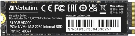 Verbatim Vi3000 - Ssd - High Endurance - 512gb - Intern - M.2 2280 - Pcie 3.0 X4 (nvme) (49374)