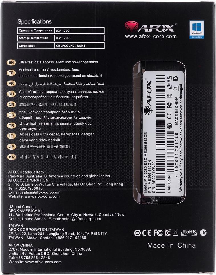 Afox Me300-512gn Internes Solid State Drive M.2 512 Gb Pci Express 3.0 3d Nand Nvme (me300-512gn)