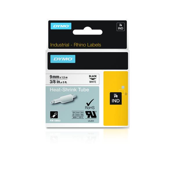 DYMO Rhino etichette industriali tubolari termoretraibili § 9 mm x 1,5 m § nero su bianco (RHINO HEAT SHRINK TUBE - 9MM WHITE)