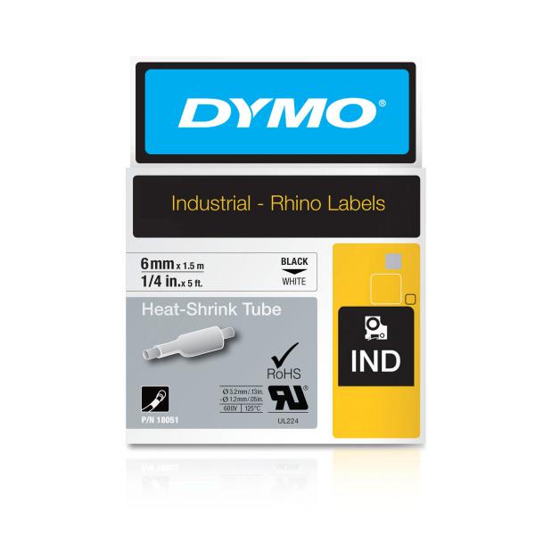 DYMO Rhino etichette industriali tubolari termoretraibili § 6 mm x 1,5 m § nero su bianco (Dymo 18051 6mm White Heat Shrink Tube - S0718260)