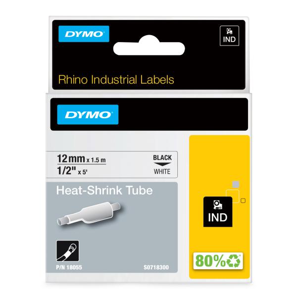 DYMO Rhino etichette industriali tubolari termoretraibili § 12 mm x 1,5 m § nero su bianco (RP/ID1-12 WHITE - .)