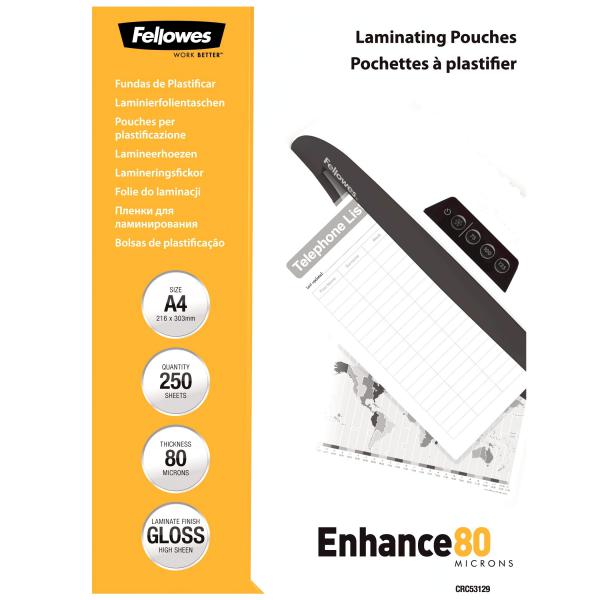 Fellowes 5312903 pellicola per plastificatrice 250 pz (Fellowes 5312903 A4 80Mic Pouch 250pk)