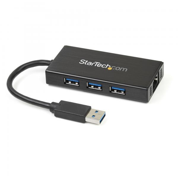 StarTech.com Hub USB 3.0 [5Gbps] a 3 porte portatile con NIC Gigabit Ethernet - In alluminio con cavo integrato (3 PORT USB HUB WITH ETHERNET - GIGABIT RJ45 USB ADAPTER COMBO)