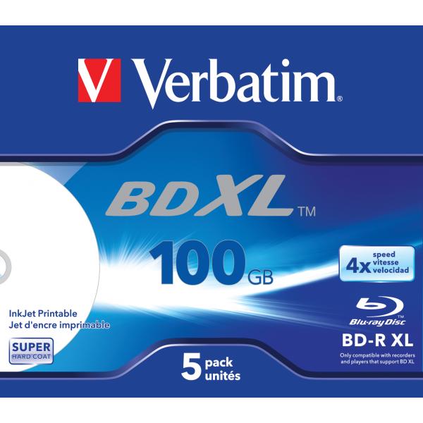 Verbatim BD-R XL 100GB* 4x Ampia area stampabile a getto d'inchiostro, 5 pezzi in Jewel case (Verbatim BD-R XL 100GB, 5pk - blank Blu-Ray discs, jewelcase)