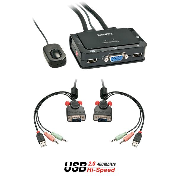 Lindy 42342 switch per keyboard-video-mouse [kvm] Nero (2 PORT VGA USB 2.0 AUDIO - CABLE KVM SWITCH)