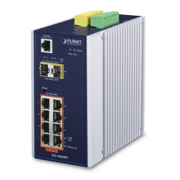 PLANET IGS-10020PT switch di rete Gestito L3 Gigabit Ethernet [10/100/1000] Supporto Power over Ethernet [PoE] Blu, Bianco (IP30 L2+ SNMP Manageable - 8-Port Gigabit POE[Af] Switch - + 2-Port Gigabit