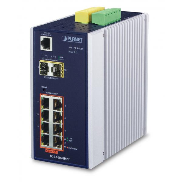 PLANET IGS-10020HPT switch di rete Gestito L2+ Gigabit Ethernet [10/100/1000] Supporto Power over Ethernet [PoE] Nero, Bianco (IP30 Industrial L2+/L4 8-Port - 1000T 802.3at PoE + 2-Port - 100/1000X S
