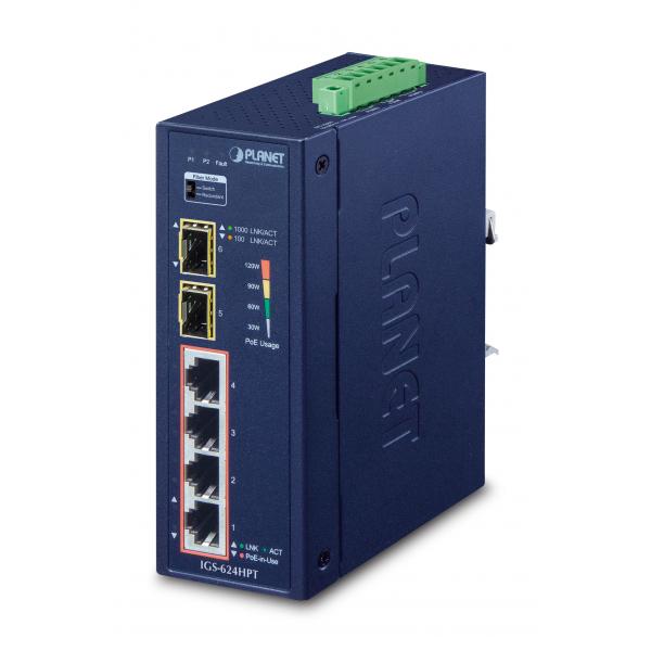 PLANET IGS-624HPT switch di rete Non gestito Gigabit Ethernet [10/100/1000] Supporto Power over Ethernet [PoE] Blu (IP30 6-Port Gigabit Switch - with 4-Port 802.3AT POE+ - plus 2-port 100/1000X SFP [