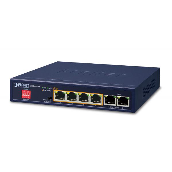 PLANET GSD-604HP switch di rete Non gestito Gigabit Ethernet [10/100/1000] Supporto Power over Ethernet [PoE] Blu (4-Port 10/100/1000T 802.3at - POE + 2-Port 10/100/1000T - Desktop Switch [55W POE Bu