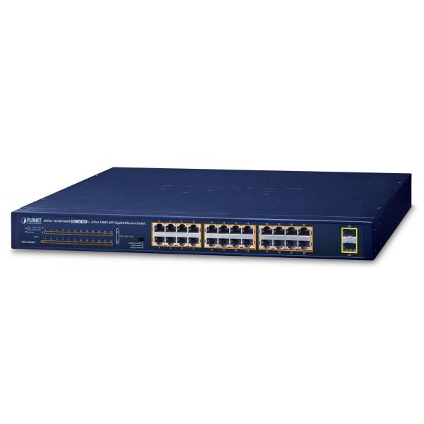 PLANET GSW-2620HP switch di rete Non gestito 10G Ethernet [100/1000/10000] Supporto Power over Ethernet [PoE] 1U Blu (19 24-Port 10/100/1000T - 802.3at POE + 2-Port 1000X - SFP Unmanaged Gigabit Ethe