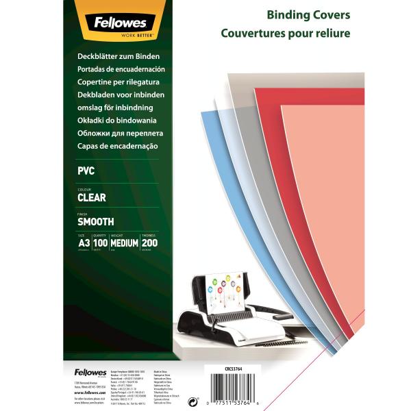 Fellowes 53764 cartellina A3 PVC Trasparente 100 pz (Fellowes PVC A3 Clear Cover 200 Micron Pack of 100)