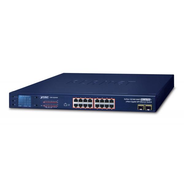 PLANET GSD-1002VHP switch di rete Non gestito Gigabit Ethernet [10/100/1000] Supporto Power over Ethernet [PoE] 1U Nero (16-Port 10/100/1000T 802.3at - PoE + 2-P 1000X SFP Gigabit - Switch with smart