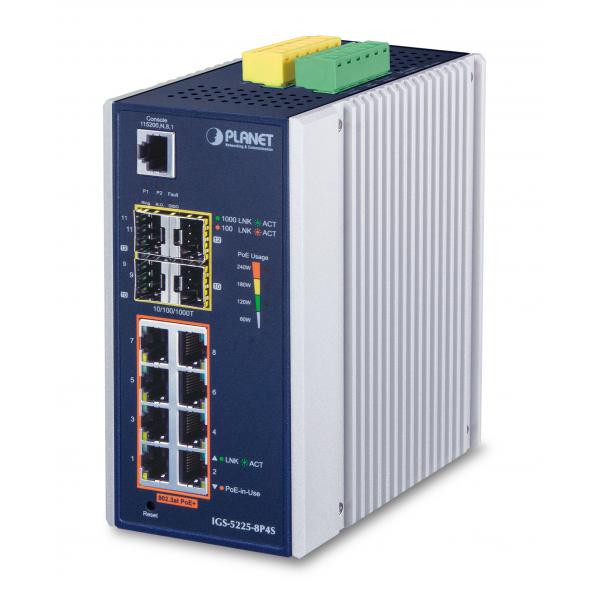 PLANET IGS-5225-8P4S switch di rete Gestito L2+ Gigabit Ethernet [10/100/1000] Supporto Power over Ethernet [PoE] Blu, Argento (IP30 Industrial L2+/L4 8-Port - 1000T 802.3at PoE+ 4-port - 100/1000X S