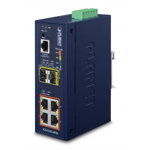 PLANET IGS-5225-4P2S switch di rete Gestito L2+ Gigabit Ethernet [10/100/1000] Supporto Power over Ethernet [PoE] Blu (IP40 Industrial L2+/L4 4-Port - 1000T 802.3at PoE + 2-Port - 100/1000X SFP Full