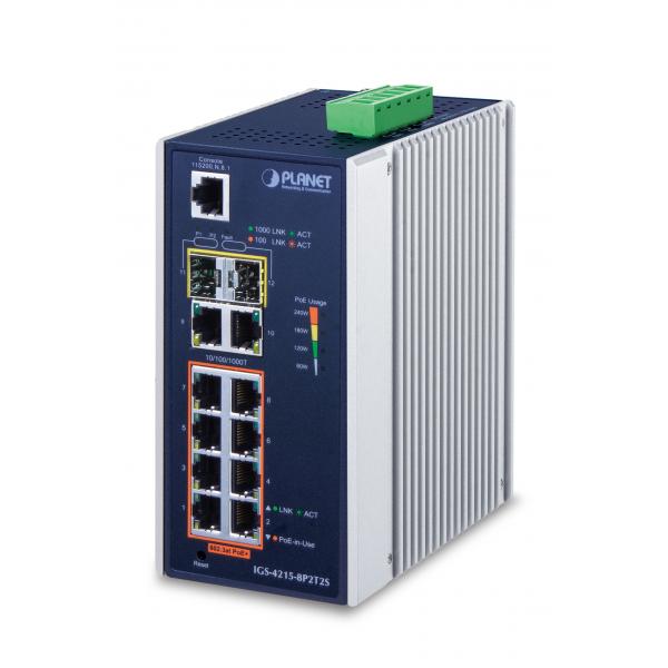 PLANET IGS-4215-8P2T2S switch di rete Gestito L2/L4 Gigabit Ethernet [10/100/1000] Supporto Power over Ethernet [PoE] Blu, Argento (IP30 Industrial L2/L4 8-Port - 10/100/1000T 802.3at PoE - + 2-Port