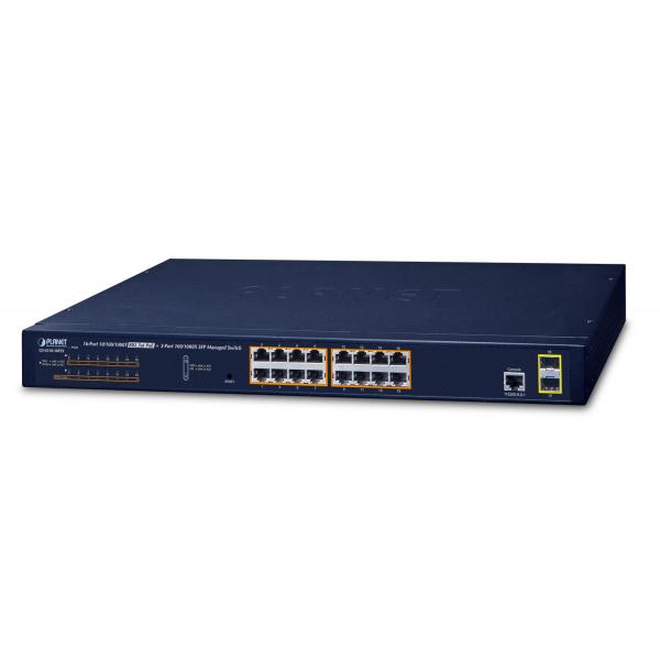 PLANET GS-4210-16P2S switch di rete Gestito L2/L4 Gigabit Ethernet [10/100/1000] Supporto Power over Ethernet [PoE] 1U Blu (IPv6/IPv4, 16-Port Managed - 802.3at POE+ Gigabit Ethernet - Switch + 2-Por