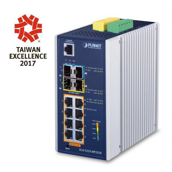PLANET IGS-5225-8P2S2X switch di rete Gestito L3 Gigabit Ethernet [10/100/1000] Supporto Power over Ethernet [PoE] Blu, Argento (IP30 Industrial L2+/L4 8-Port - 1000T 802.3at PoE+ 2-port - 100/1000X