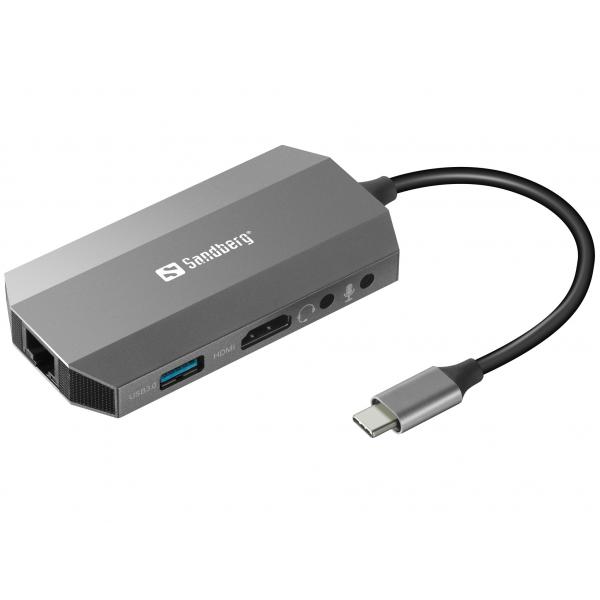 Sandberg USB-C 6-in1 Travel Dock (USB-C 6in1 Travel Dock - USB-C 6-in1 Travel Dock, - Wired, USB 3.0 [3.1 Gen 1] Type-C, 100 W, 10,100,1000 Mbit/s, Grey, MMC,MicroSD - Warranty: 60M)