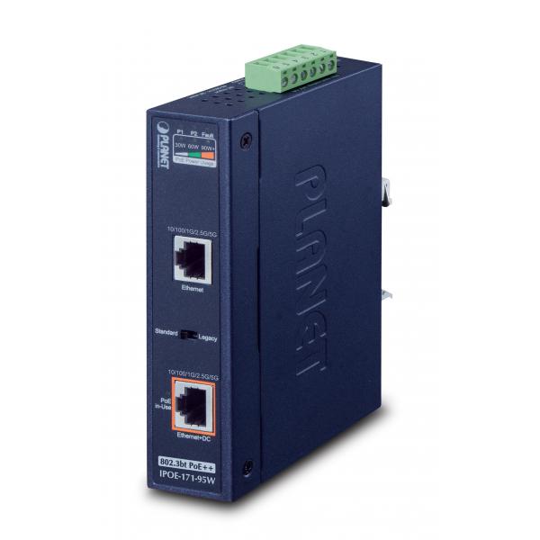 PLANET IPOE-171-95W switch di rete Gigabit Ethernet [10/100/1000] Supporto Power over Ethernet [PoE] Blu (IP30, Industrial Single-Port - 10/100/1000Mbps 802.3bt Ultra - PoE Injector [95 Watts, PoH, L