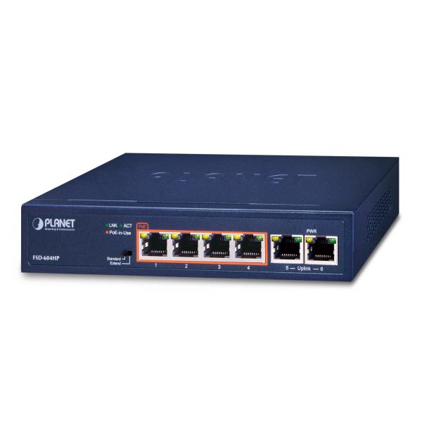 PLANET 4-Port 10/100TX 802.3at POE + Non gestito Fast Ethernet [10/100] Supporto Power over Ethernet [PoE] Blu (4-Port 10/100TX 802.3at POE + - 2-Port 10/100TX Desktop - Switch 4-Port 10/100TX 802.3a