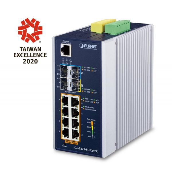 PLANET IP30 DIN-rail Industrial L3 8P Gestito Gigabit Ethernet [10/100/1000] Alluminio, Blu (IP30 DIN-rail Industrial L3 8P - 10/100/1000T 802.3bt PoE - + 2-port 100/1000X SFP + 2-Port 10G SFP+ Full