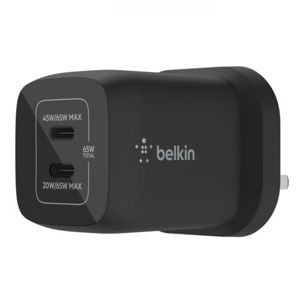 Belkin WCH013MYBK Caricabatterie per dispositivi mobili Universale Nero AC Ricarica rapida Interno (65W PD PPS DUAL USB-C GAN - CHARGER BLACK - UNIVERSAL)