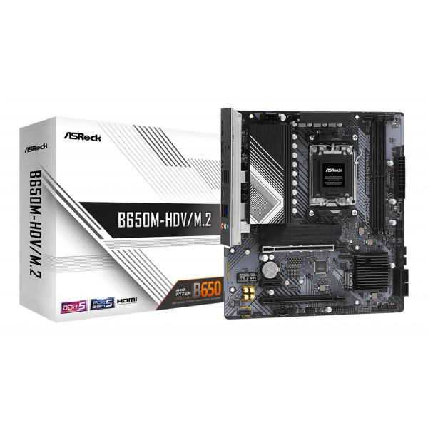 Asrock B650M-HDV/M.2 AMD B650 Socket AM5 micro ATX (ASRock B650M-HDV/M.2 AMD AM5 Socket Motherboard, Micro-ATX, 2x DDR5 Slots, 2x M.2 Sockets, Fitted I/O Shield, 2.5GbE LAN, 1x DisplayPort / 1x HDMI
