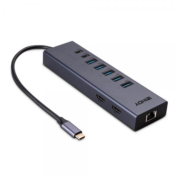 Lindy 43373 replicatore di porte e docking station per laptop Cablato USB 3.2 Gen 2 [3.1 Gen 2] Type-C Grigio (DST-MINI DUO USB C LAPTOP - MINI DOCKINGSTATION 2X 4K HDMI)