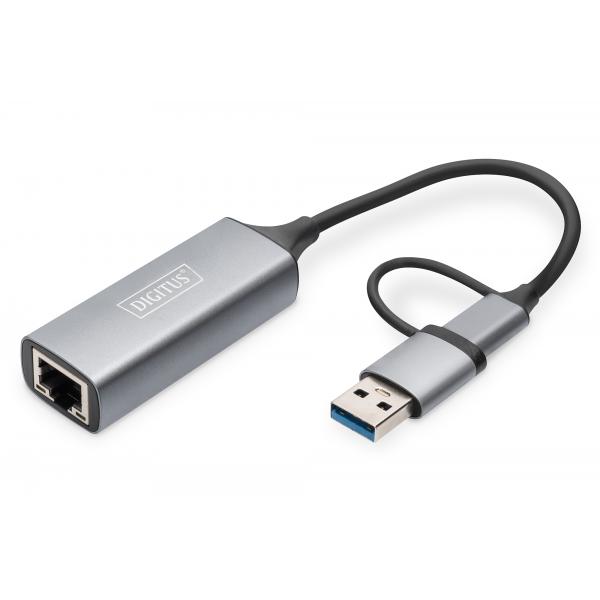 Digitus Adattatore Gigabit Ethernet USB Type-C™ 2.5G, USB-C™ + USB A [USB3.1/3.0] (2.5G USB TYPE-C LAN ADAPTER - )