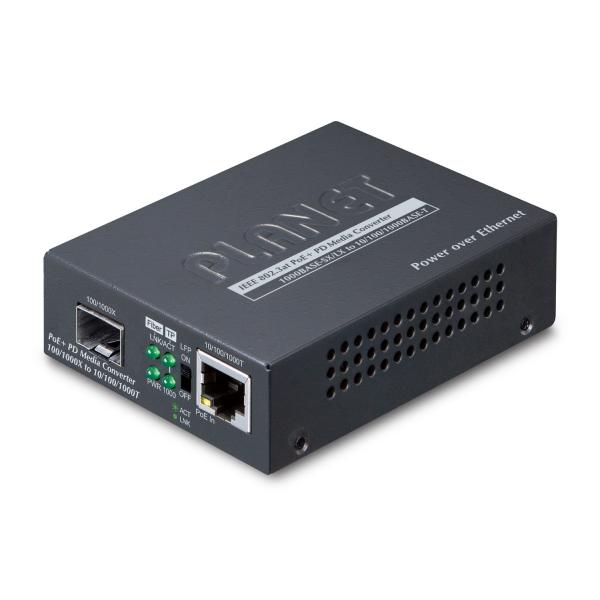 PLANET 802.3at PoE+ PD convertitore multimediale di rete 2000 Mbit/s Nero (802.3at PoE+ PD - 10/100/1000BASE-T to - 100/1000BASE-X SFP Media Converter [PoE PD, LFP supported] - Warranty: 36M)