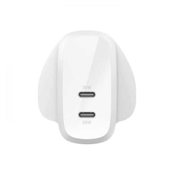 Belkin WCB010MYWH Caricabatterie per dispositivi mobili Universale Bianco AC Ricarica rapida Interno (DUAL 30W USB-C WALL CHARGER PD - 60W WHT)