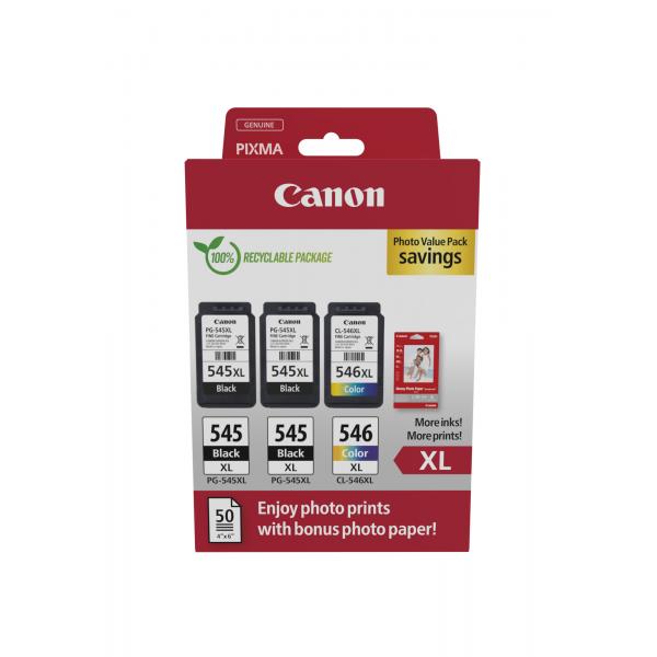 Canon 8286B015 cartuccia d'inchiostro 3 pz Originale Resa elevata [XL] Nero, Ciano, Magenta, Giallo (CANON PG-545XLx2/CL-546XL PVP INK)