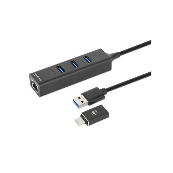Manhattan 180894 hub di interfaccia USB 3.2 Gen 1 [3.1 Gen 1] Type-A + Type-C 5000 Mbit/s Nero (USB-A DOCK/HUB 4-PORT- - ETHERNET/USB-A[X3])